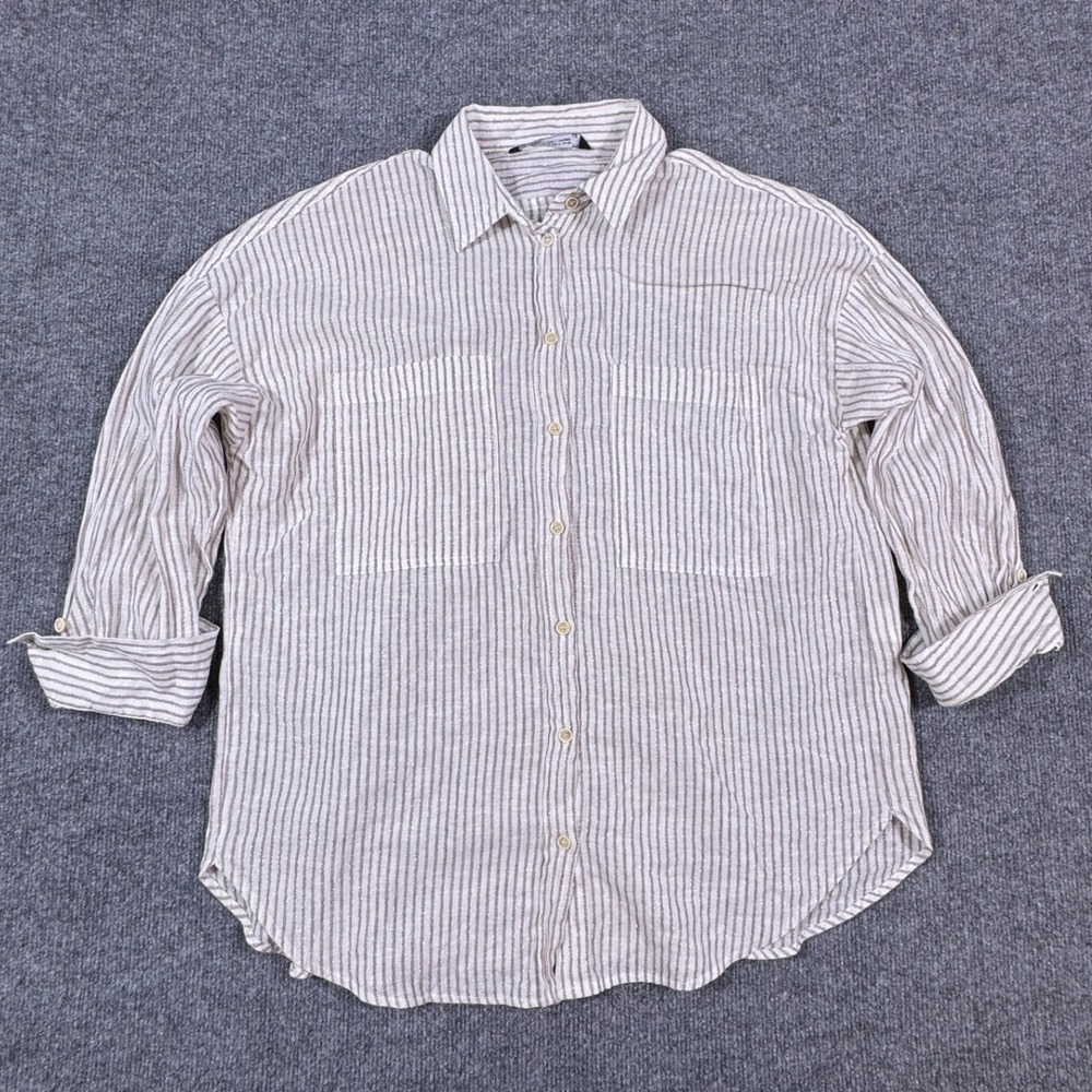 Zara Womens Linen Blend Striped Button Down Shirt Gold Metallic Tan White Small